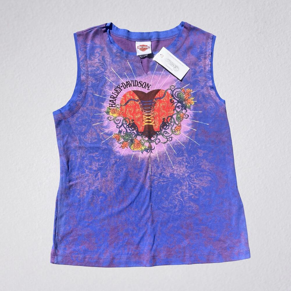 Harley-Davidson vintage Y2K blue purple tank top with laced up heart graphic NWT